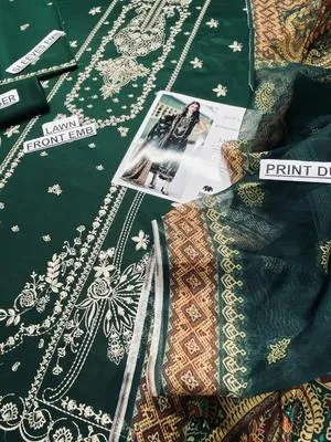 Green Embroidered Lawn Suit for Women Eid Wedding Festive Wear thumbnail 3