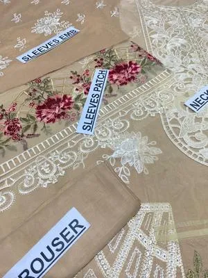 Elegant 3-Piece Embroidered Lawn Suit Brown for Eid Wedding thumbnail 4