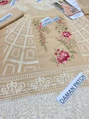 Elegant 3-Piece Embroidered Lawn Suit Brown for Eid Wedding thumbnail 6