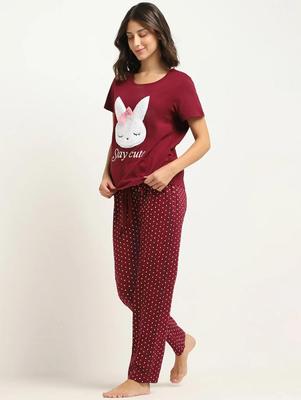 Stylish Printed Cotton Jersey Night Suit - 2 Pcs Set in Maroon
