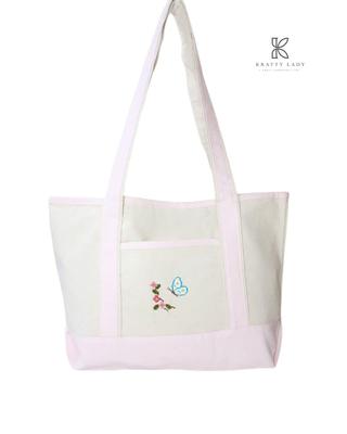 Chic Women's Off White Embroidered Jute Tote Bag - 1 Pc