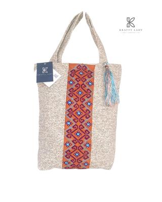 Stylish Women's Brown and Off-White Embroidered Jute Tote Bag - 1 Pc