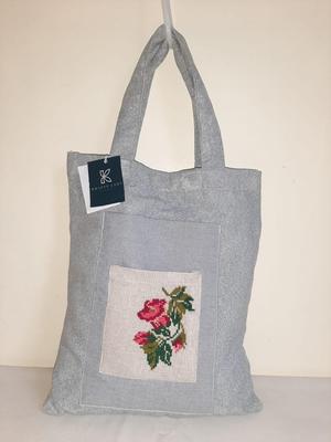 Women's Velvet Embroidered Tote Bags: Red Floral cross stitched handmade triple pockets tote bag 