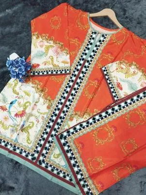 Orange Printed Swiss Lawn 2Pc Shirt & Flapper Set