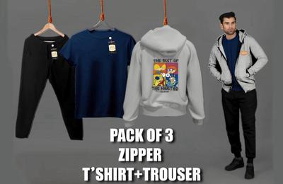 Men's Fleece Zipper Track Suit - 3 Pcs in Blue, Plain Design