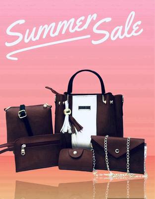 Stylish Women's Brown Rexine Hand Bag Set - 5 Pcs