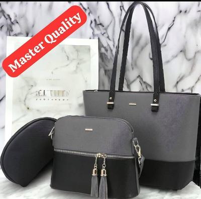 Chic Girl's Hand Bag Set - 3 Pcs Rexine in Grey, Plain Design