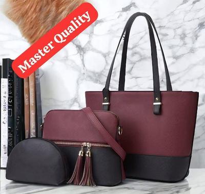 Stylish Girl's Maroon Rexine Hand Bag Set - 3 Pcs