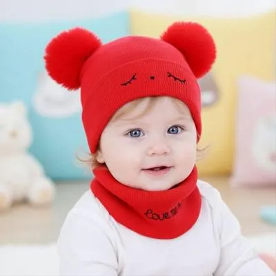 Kid's 2 Pcs Wool Textured Beanie And Neck Warmer in Red