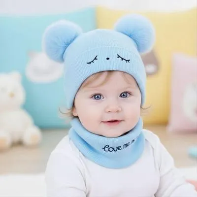 Kid's 2 Pcs Wool Textured Beanie And Neck Warmer in Blue