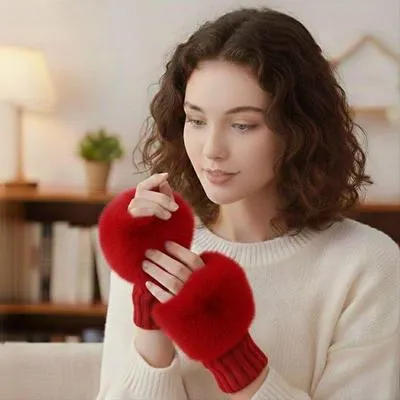 Warm Fingerless Gloves - 1 Pair Wool & Fur Fingerless Gloves Women's Winter Accessory in Red Color