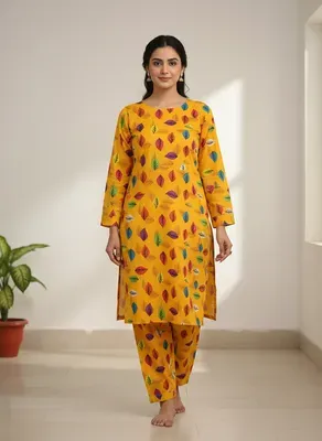 Women Printed Unstitched Suit Yellow 2 Pcs Micro Polo Cotton