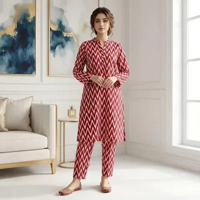Women Unstitched Printed Suit Red 2 Pcs Micro Polo Cotton