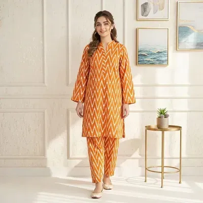 Women Orange Printed 2-Piece Suit Micro Polo Cotton