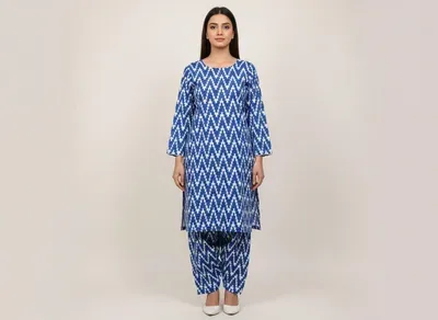 Blue Printed 2 Pcs Women's Unstitched Suit Micro Polo Cotton