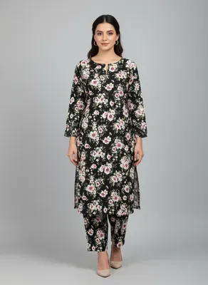 Women Unstitched Printed Suit Black Floral 2 Pcs