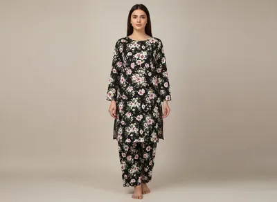 Women Unstitched Printed Suit Black Floral 2 Pcs thumbnail 6