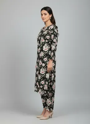 Women Unstitched Printed Suit Black Floral 2 Pcs thumbnail 4