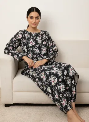 Women Unstitched Printed Suit Black Floral 2 Pcs thumbnail 3