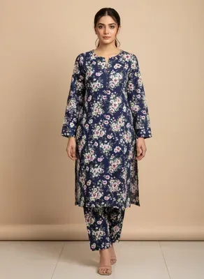 Women Unstitched Printed Suit Blue Polo Cotton 2 Pcs