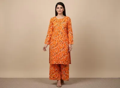 Women Orange Printed 2 Pcs Suit Micro Polo Cotton thumbnail 7