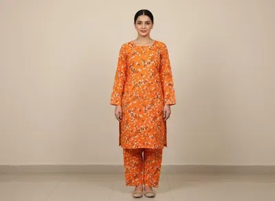 Women Orange Printed 2 Pcs Suit Micro Polo Cotton thumbnail 3