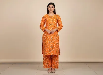 Women Orange Printed 2 Pcs Suit Micro Polo Cotton thumbnail 4