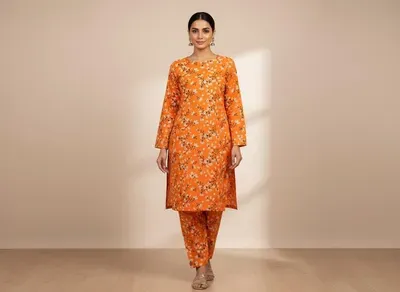 Women Orange Printed 2 Pcs Suit Micro Polo Cotton thumbnail 5