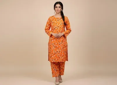 Women Orange Printed 2 Pcs Suit Micro Polo Cotton thumbnail 6
