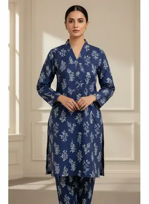 Blue Printed 2 Pcs Women's Unstitched Suit