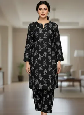 Women Black Printed 2-Piece Suit Micro Polo Cotton
