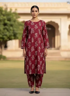 Women Unstitched Printed Suit Red 2 Pcs Micro Polo Cotton