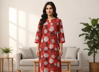 Women Unstitched Printed Suit Red 2 Pcs Micro Polo Cotton thumbnail 3