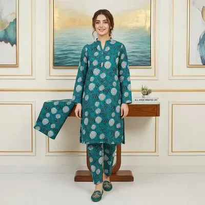 Turquoise Printed 2 Pcs Women's Unstitched Suit Micro Polo Cotton thumbnail 3