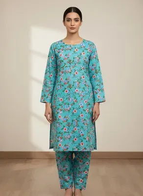 Turquoise Printed 2 Pcs Women's Suit Micro Polo Cotton thumbnail 6
