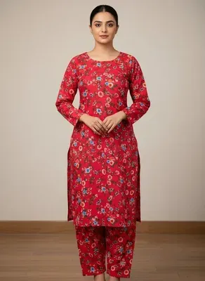 Women Unstitched Printed Suit Red Floral 2 Pcs
