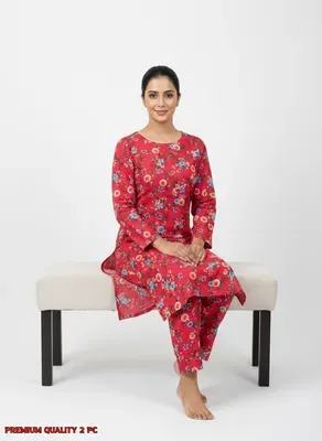 Women Unstitched Printed Suit Red Floral 2 Pcs thumbnail 3