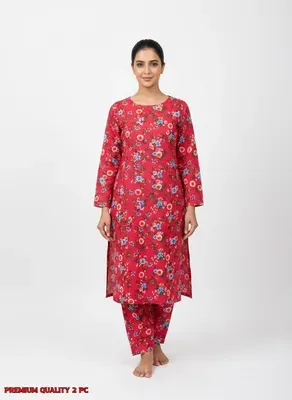 Women Unstitched Printed Suit Red Floral 2 Pcs thumbnail 4