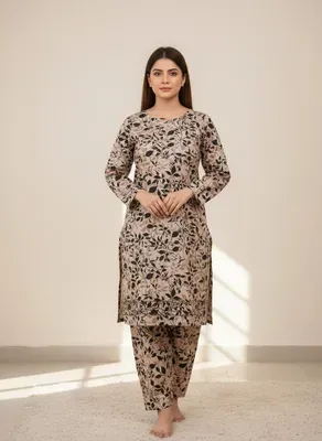 Women Printed 2 Pcs Suit Brown Polo Cotton
