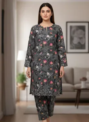 Grey Printed 2 Pcs Women's Unstitched Suit Micro Polo Cotton thumbnail 3