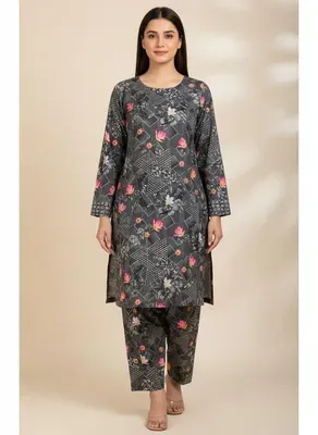 Grey Printed 2 Pcs Women's Unstitched Suit Micro Polo Cotton thumbnail 6