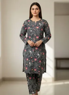 Grey Printed 2 Pcs Women's Unstitched Suit Micro Polo Cotton thumbnail 4