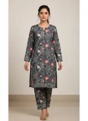 Grey Printed 2 Pcs Women's Unstitched Suit Micro Polo Cotton thumbnail 5