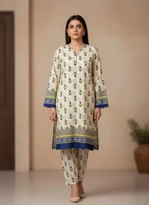 Women Unstitched Printed Suit Yellow Polo Cotton 2 Pcs