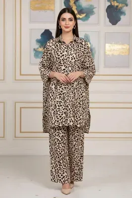 Women Printed 2-Piece Suit Brown Polo Cotton
