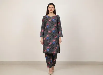 Women Unstitched Printed Suit Grey Polo Cotton 2 Pcs