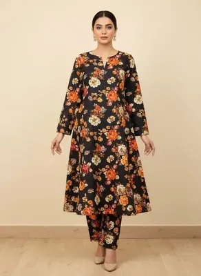 Women Unstitched Printed Suit Black 2 Pcs Micro Polo Cotton