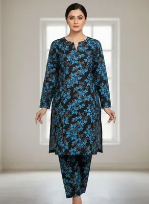 Women Printed 2 Pcs Suit Black Polo Cotton