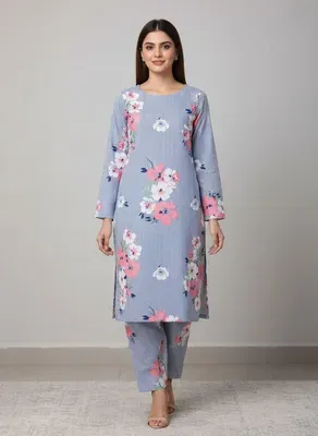 Women Printed 2-Piece Suit Blue Polo Cotton
