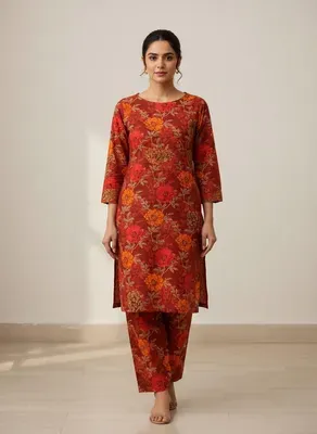 Women Unstitched Printed Suit Red 2 Pcs Micro Polo Cotton